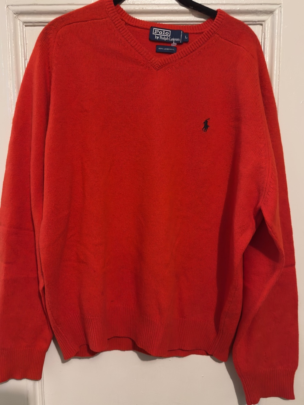 Like New Polo Ralph Lauren Men's Red V-Neck Sweater. Size Large. 100% lambswool.